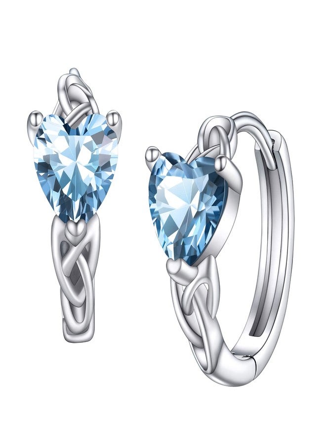 Bestyle Silver Celtic Knot Hoops Love Heart Cubic Zirconia Earrings March Aquamarine Birthstone Hoop Earrings for Women, Hypoallergenic Earrings for Sensitive Ears - Image 1